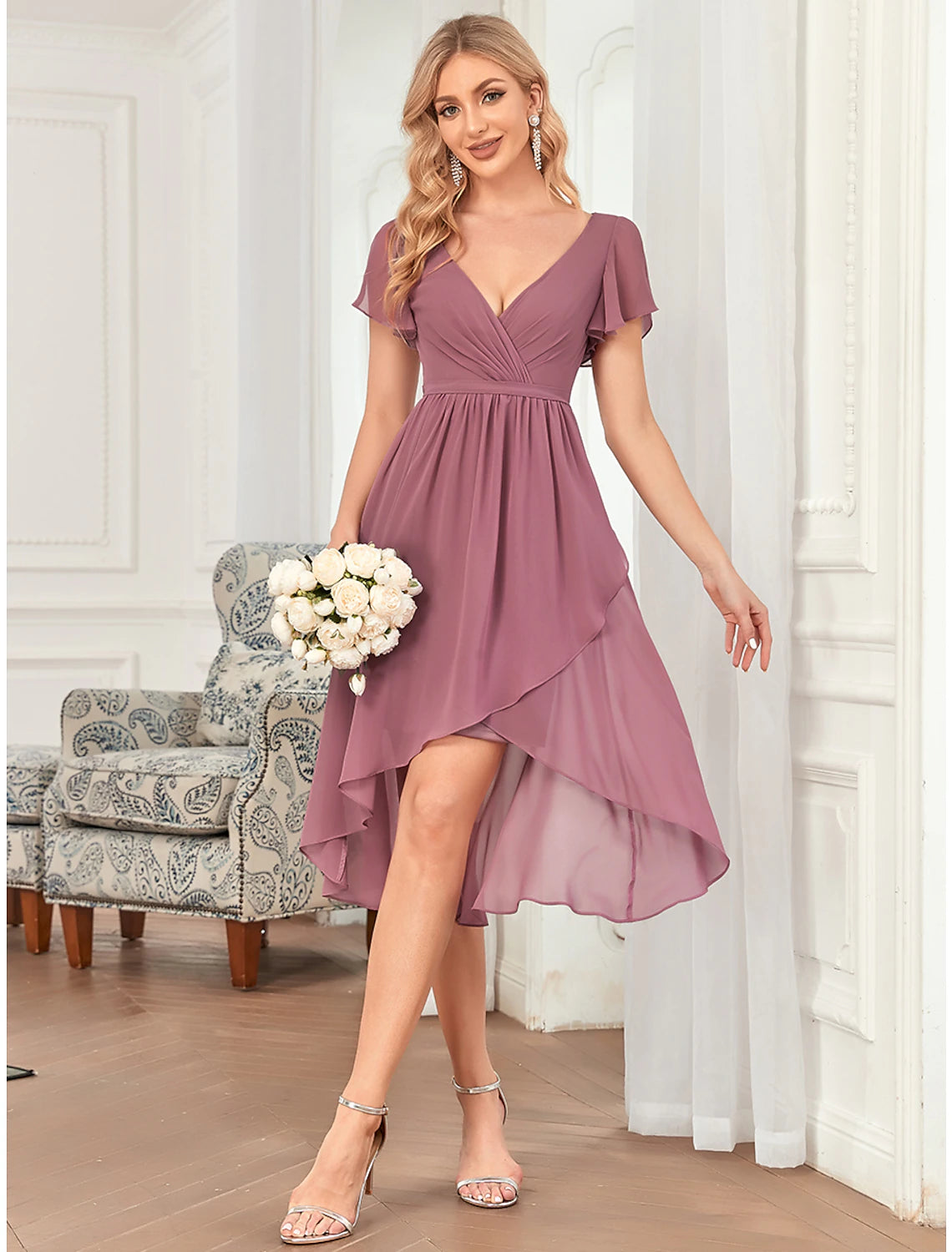 Luolandi A-Line Bridesmaid Dress Plunging Neck Sleeveless Elegant Asymmetrical / Short / Mini Chiffon with Pleats / Cascading Ruffles